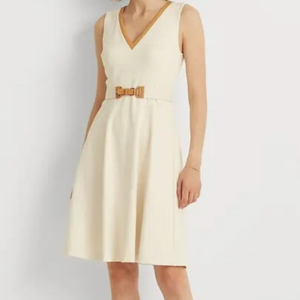 Lauren Ralph Lauren Ponte Elegant Cream and Brown V-Neck Sleeveless Dress Small